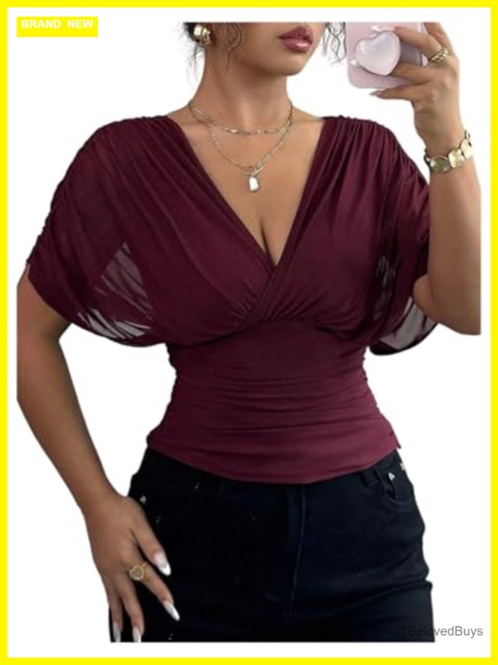 Women's Wrap Top V-Neck Short Dolman Sleeve Mesh Going Out Date Night